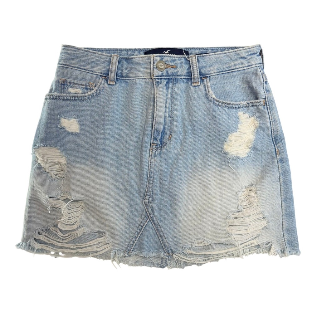 Hollister Denim Mini Skirt‎ Womens 1 W25 Light Blue Distressed High Rise Raw Hem